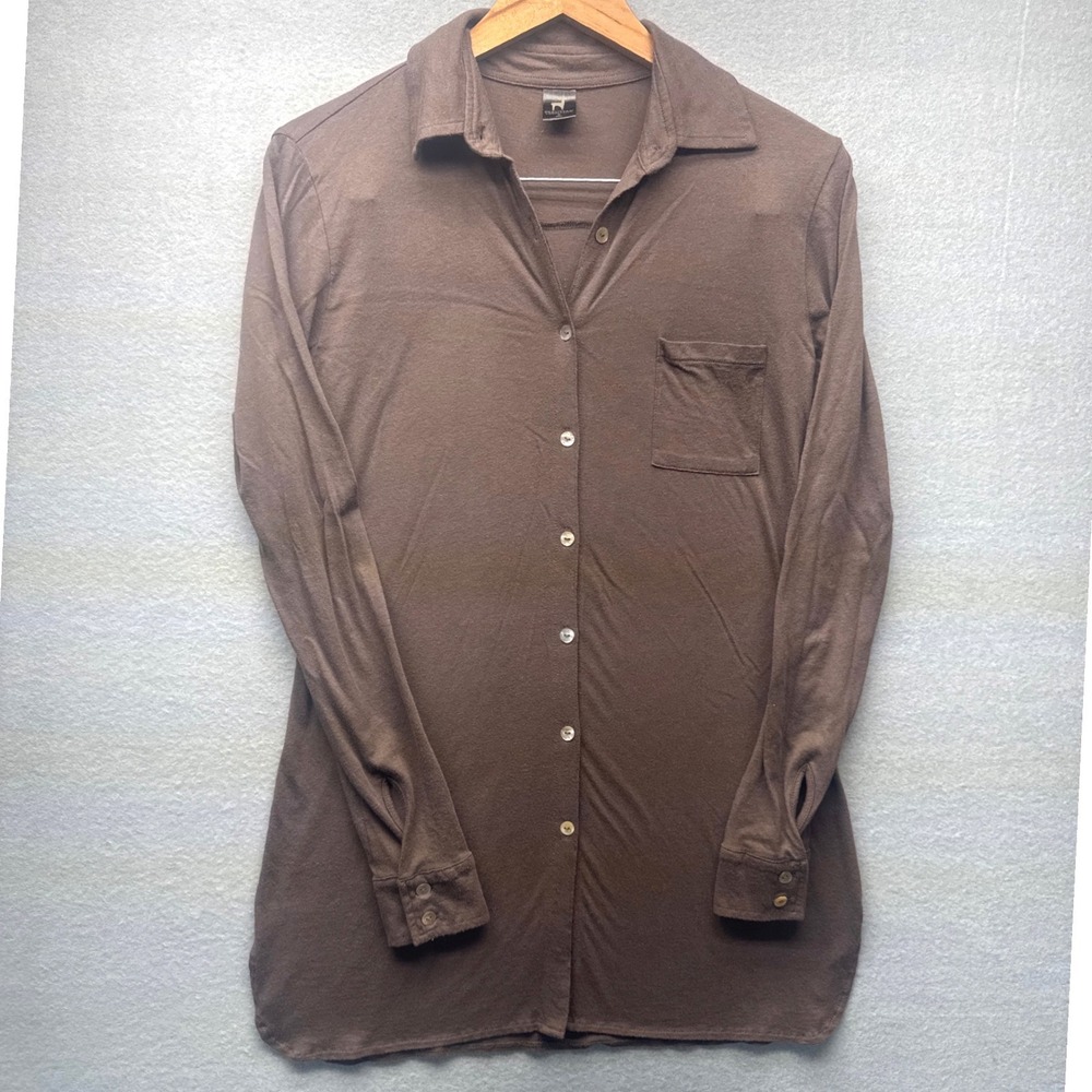 Peruvian Connection Pima Cotton Modal Knit‎ Button Down Tunic Shirt Brown Small